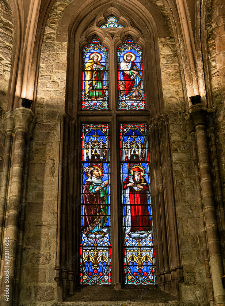 Stained glass window of the church of the Assumption of the Virgin, Saint-Jean-Pied-de-Port, Basque Country, France.