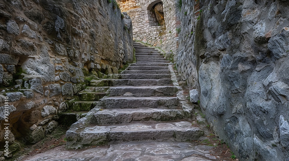Staircase of rock protruding from historical masonry, entrance to medieval fortress Staircase of rock protruding from historical masonry, entrance to medieval fortress