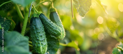 A vine in the garden bears multiple cucumbers, a plant belonging to the gourd family, known as a terrestrial vegetable.