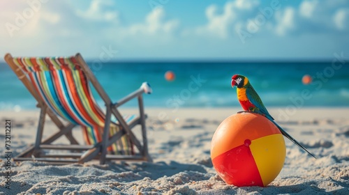 Seaside arrangement with deckchair, exotic bird, and beach ball photo