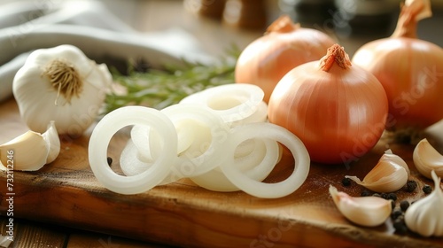 Freshly cut onion rings beside garlic bulbs on a chopping block