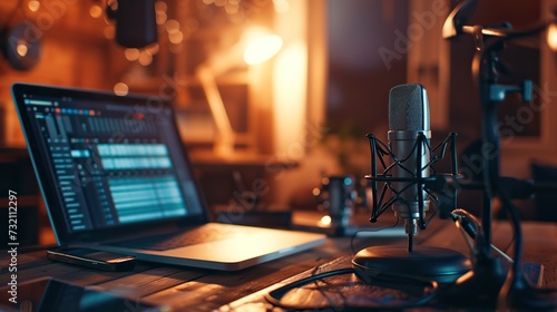 Home Recording Vibe: Podcast Setup with Microphone, Laptop, and Lamp on Table