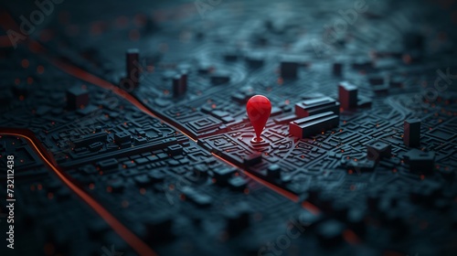 Red pinpoint on topographic urban layout, cartographic illustration photo