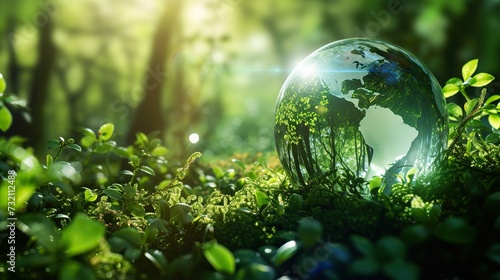 Environmental Beacon: Glowing Glass Globe Among Foliage, Signifying Awareness and Conservation