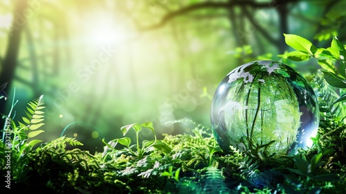 Sustainable Glow: Glass Globe Shining Bright Amidst Forest Foliage, Aiding Conservation