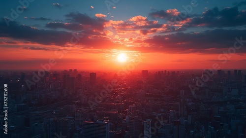 Sunset over cityscape from urban road, warm tones