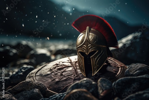 Spartan, a solitary warrior in minimalist armor, radiating discipline and strength. Embody essence of ancient Greek valor unyielding resilience. Austere training battlefield prowess, essence spirit. photo