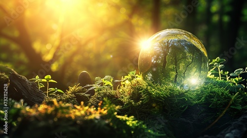 Forest Oasis: Vibrant Greenery Surrounding Glowing Glass Globe, A Powerful Conservation Message