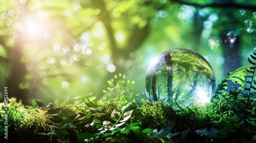 Nature's Luminary: Glowing Glass Globe Among Lush Foliage, A Symbol of Environmental Awareness