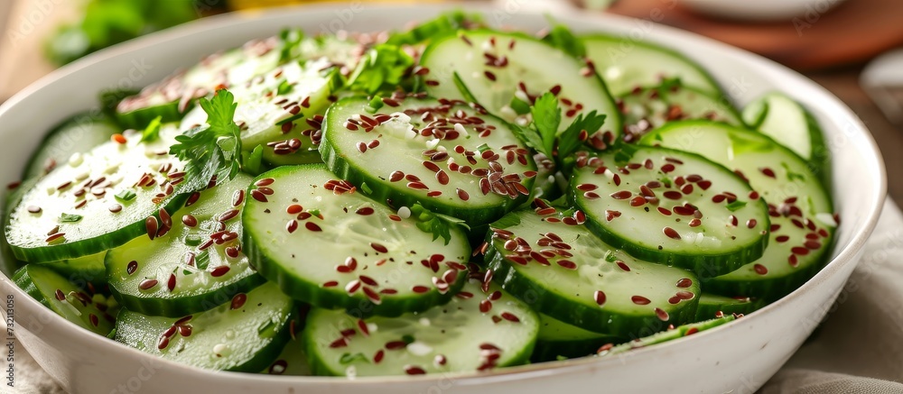 A bowl of sliced cucumbers and seeds, a plant-based dish made from this staple vegetable, adds a nutritious ingredient to any cuisine or recipe. A bowl of sliced cucumbers and seeds, a plant-based dish made from this staple vegetable, adds a nutritious ingredient to any cuisine or recipe.