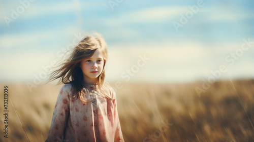 Romantic image of a young girl dressed in 1900s fashion in a meadow of wild grasses - Generative AI © chris3d
