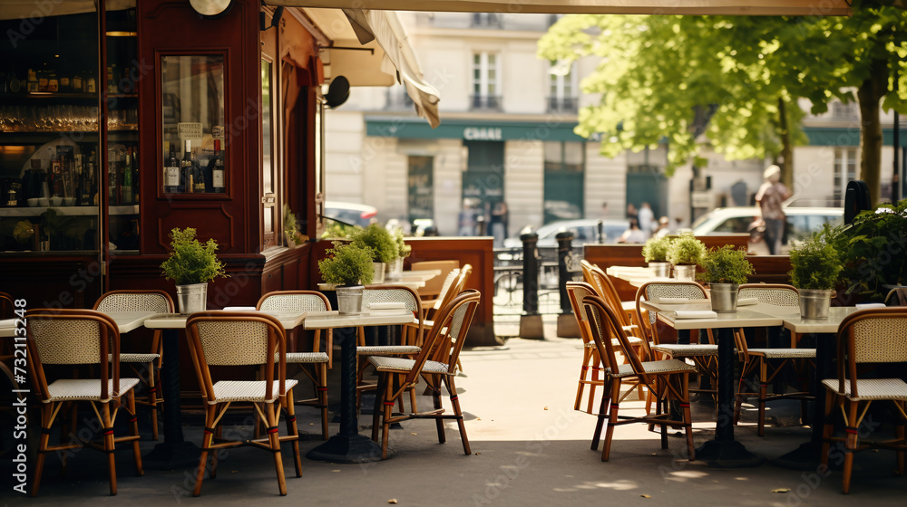 Serene Parisian cafe terrace, inviting with its empty chairs and tables awaiting the day's visitors Serene Parisian cafe terrace, inviting with its empty chairs and tables awaiting the day's visitors