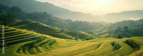 Serene rural landscapes of terraced rice fields illuminated by the golden afternoon light, under a clear sky, showcasing sustainable farming and natural beauty © EverydayStudioArt