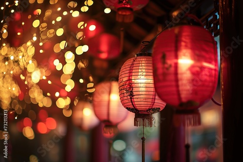Red chinese paper lanterns with bokeh background for Chinese New Year