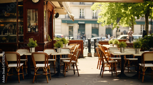 Serene Parisian cafe terrace, inviting with its empty chairs and tables awaiting the day's visitors