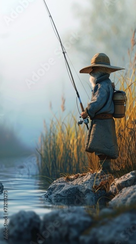 Cartoon digital avatar of Wise Walleye Wrangler By a misty riverbank, holding a hightech jigging rod.