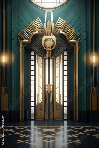 Photo realistic gold and turquoise art deco building door entrance 
