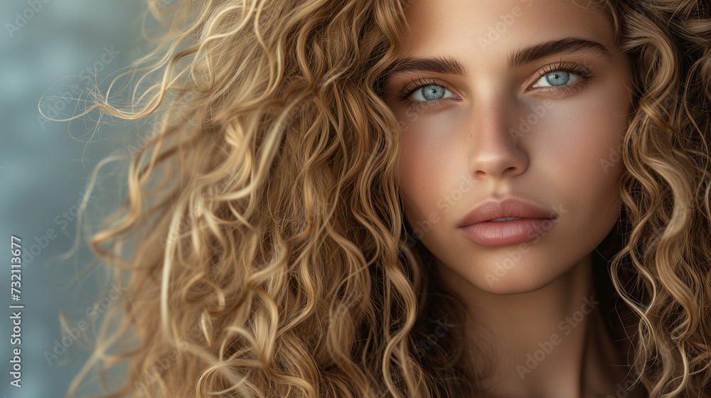 Naklejka premium Ocean Gaze, Young Woman with Sun-Kissed Curly Blonde Hair, for Hair Product Ad