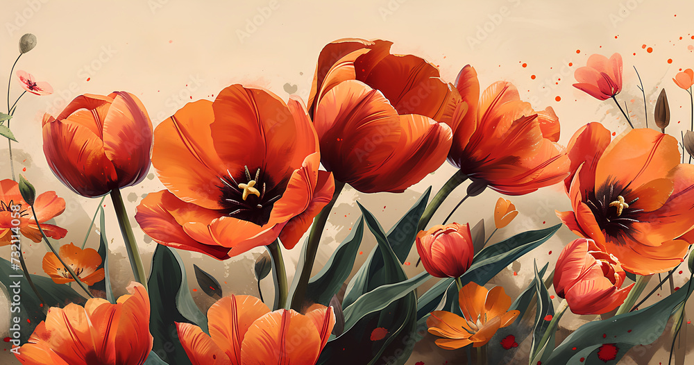Obraz premium Tulips Background in the style of a drawn picture. 