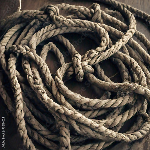 close up view of tangled up rigging rope on wooden plank. close-up Rope texture. Rope background