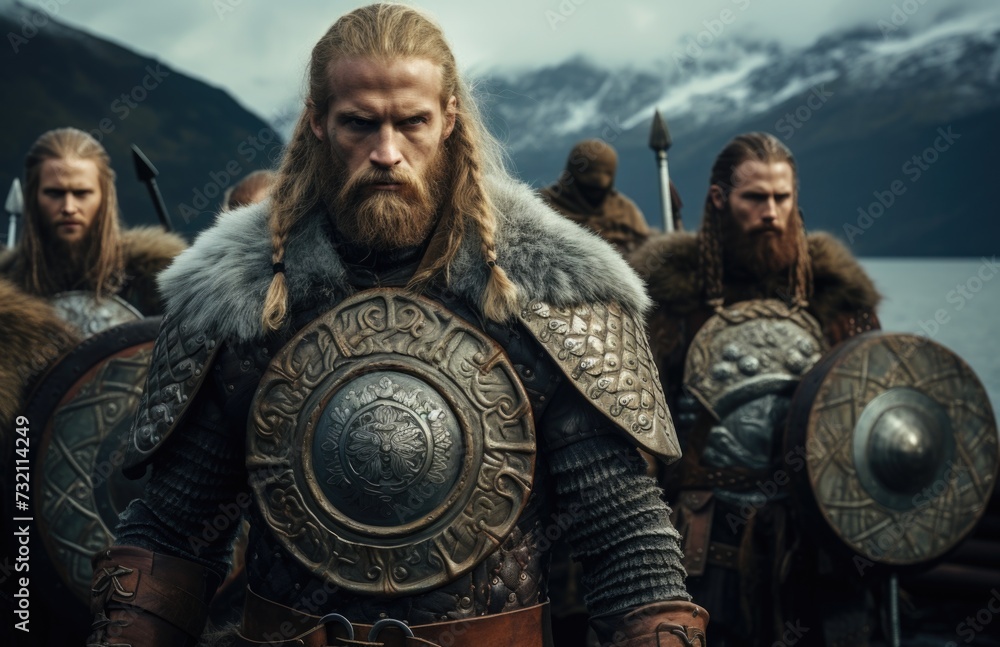 Viking warrior man, chronicles of viking warrior: saga of strength, valor, conquest in untamed north - a tale of fierce battles, epic journeys, and indomitable spirit of Norseman forging his destiny. - obrazy, fototapety, plakaty 