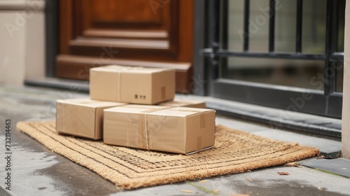 Delivered parcels on door mat near entrance