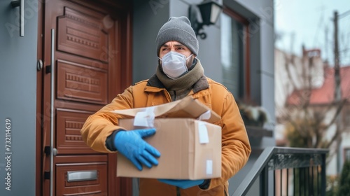 Home delivery shopping box man wearing gloves and protective mask delivering packages at door.