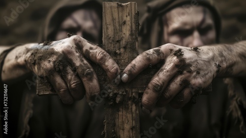 human hand silhouette asking for help from the cross representing Jesus © buraratn