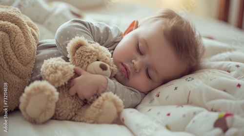Sleeping baby in bed, holding a teddy bear.