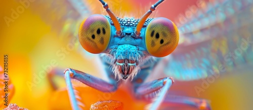 An eye-catching insect, the praying mantis, with electric blue color, poised delicately on a flower. A symmetrical arthropod that resembles a work of art in nature.