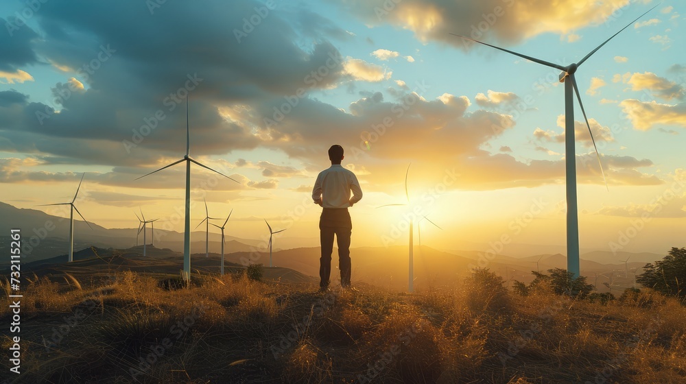 Young maintenance engineer man working in wind turbine farm at sunset Young maintenance engineer man working in wind turbine farm at sunset