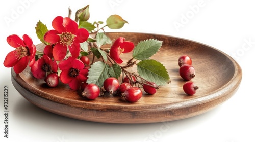 Wooden plate with fresh rose hip berries and flower on white background