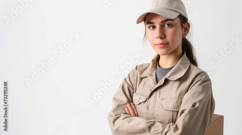 Young delivery woman isolated on white background proud and self-satisfied