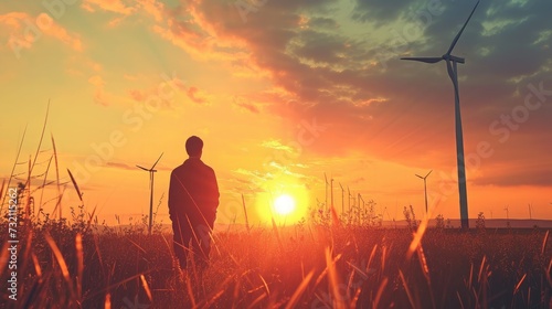 Young maintenance engineer man working in wind turbine farm at sunset