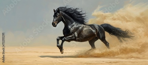 A black horse, a terrestrial animal, gracefully gallops through the desert sand, its mane flowing in the wind.