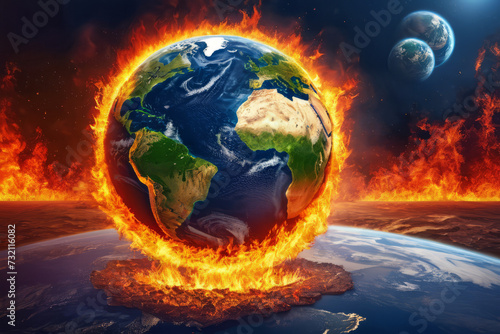 Illustration of the planet Earth burning in flames, surrounded by fire. Global warming, climate change, Earth is getting hot. War and pollution. Environmental care and awareness