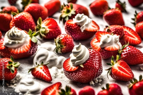 Close up of fresh strawberries with dollop of whipped cream 