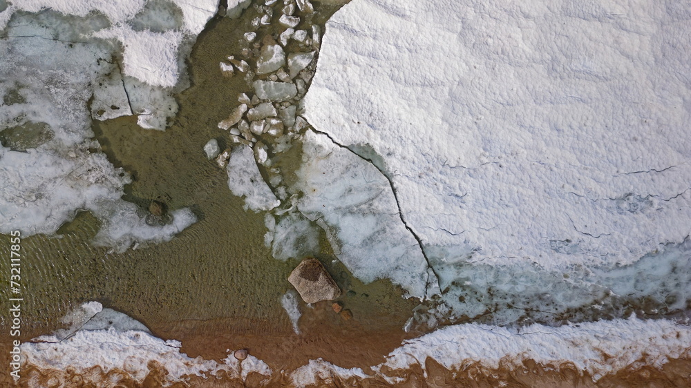 Drone shot of Georgian Bay Ice Pack Breaking Up and Melting in February when unseasonably warm