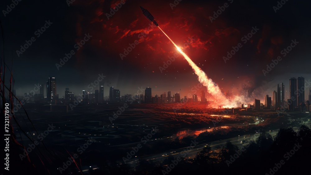 Rocket fired from a rocket launcher of a city at night created with Generative AI