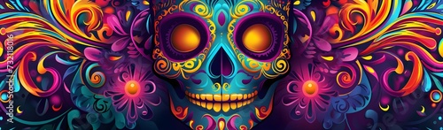 Mexican Skull Face Paint: Cinco de Mayo Calavera Abstract Banner; Woman Portrait in Mexican Carnival Theme - Generative ai