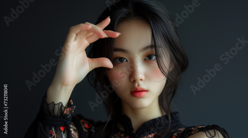 A young Asian woman is making a facial gesture with her hand with traditional techniques reimagined
