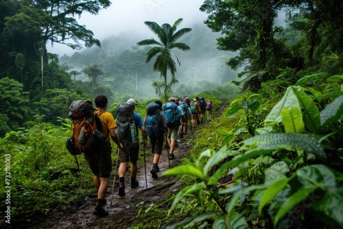 Amazon Trekking Expedition  A Captivating Scene of Trekkers Walking in a Group Through the Dense Foliage of the Amazon Rainforest.  