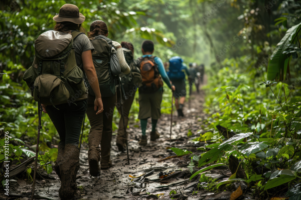 Amazon Trekking Expedition: A Captivating Scene of Trekkers Walking in a Group Through the Dense Foliage of the Amazon Rainforest.

