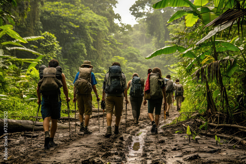 Amazon Trekking Expedition: A Captivating Scene of Trekkers Walking in a Group Through the Dense Foliage of the Amazon Rainforest.   © Mr. Bolota