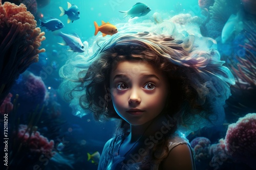 Adventurous Little girl undersea world. Water leisure. Generate AI