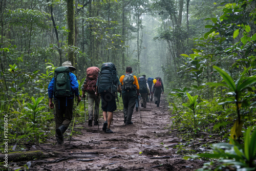 Amazon Trekking Expedition: A Captivating Scene of Trekkers Walking in a Group Through the Dense Foliage of the Amazon Rainforest.   © Mr. Bolota