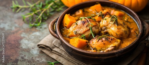 A comforting chicken and pumpkin stew, the perfect recipe for a delicious and hearty meal, served on a table with tableware.