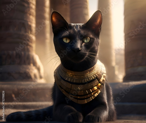  beautiful black Bastet cat in traditional jewelry laying against Egyptian temple with columns and hieroglyphs. Egyptian goddess Bastet. close up. Ai generated photo