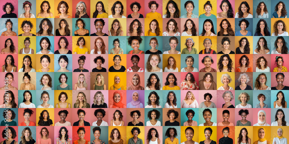 Composite portrait of headshots of different smiling  women from all genders and age, including all ethnic, racial, and geographic types of women in the world on a colorful flat background - obrazy, fototapety, plakaty 