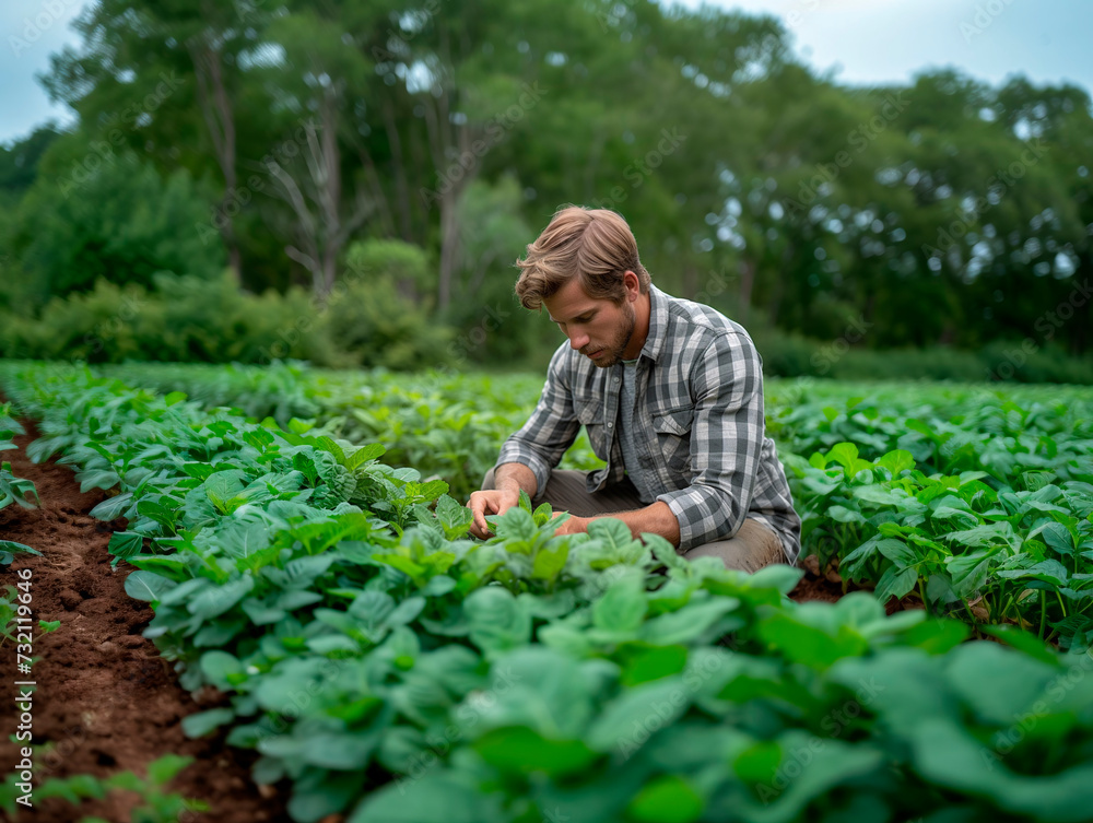 A farmer agronomist is in the field studying the plant's sowing. Generative AI A farmer agronomist is in the field studying the plant's sowing. Generative AI